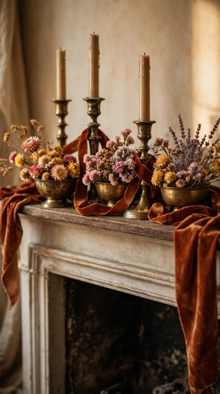 Vintage thanksgiving mantel decor with brass velvet and dried flowers