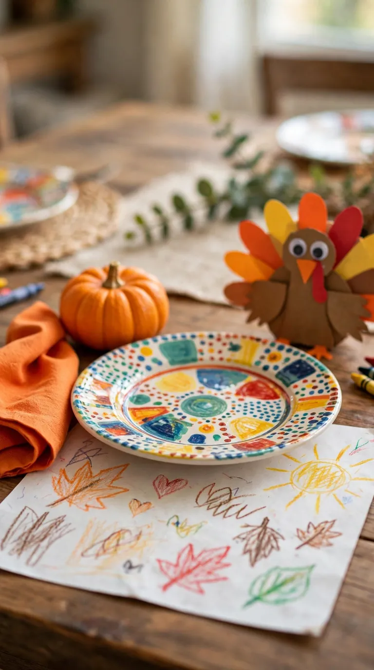 Kid friendly Thanksgiving place setting with colorful plate, mini pumpkin and craft placemat