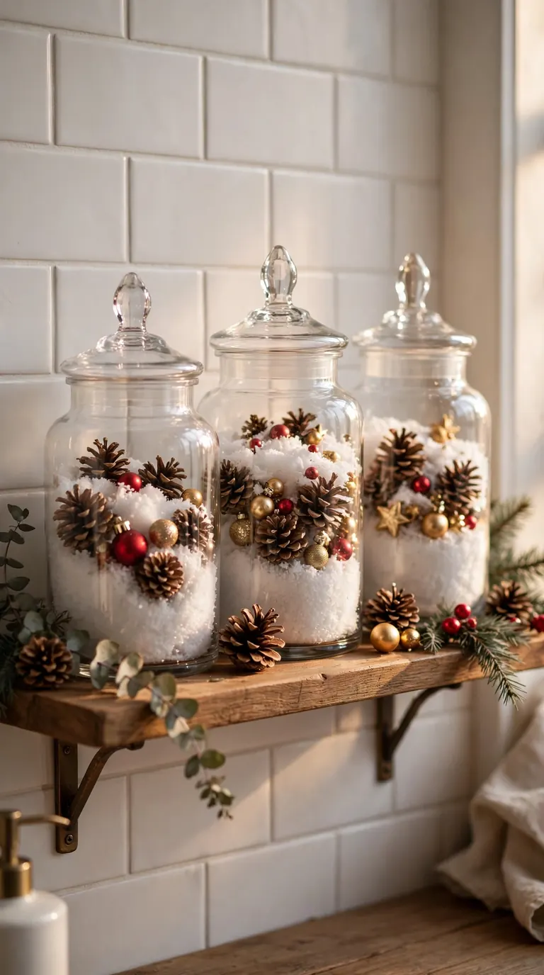 Glass apothecary jars filled with faux snow, pinecones and tiny ornaments on a wooden shelf in a Christmas bathroom