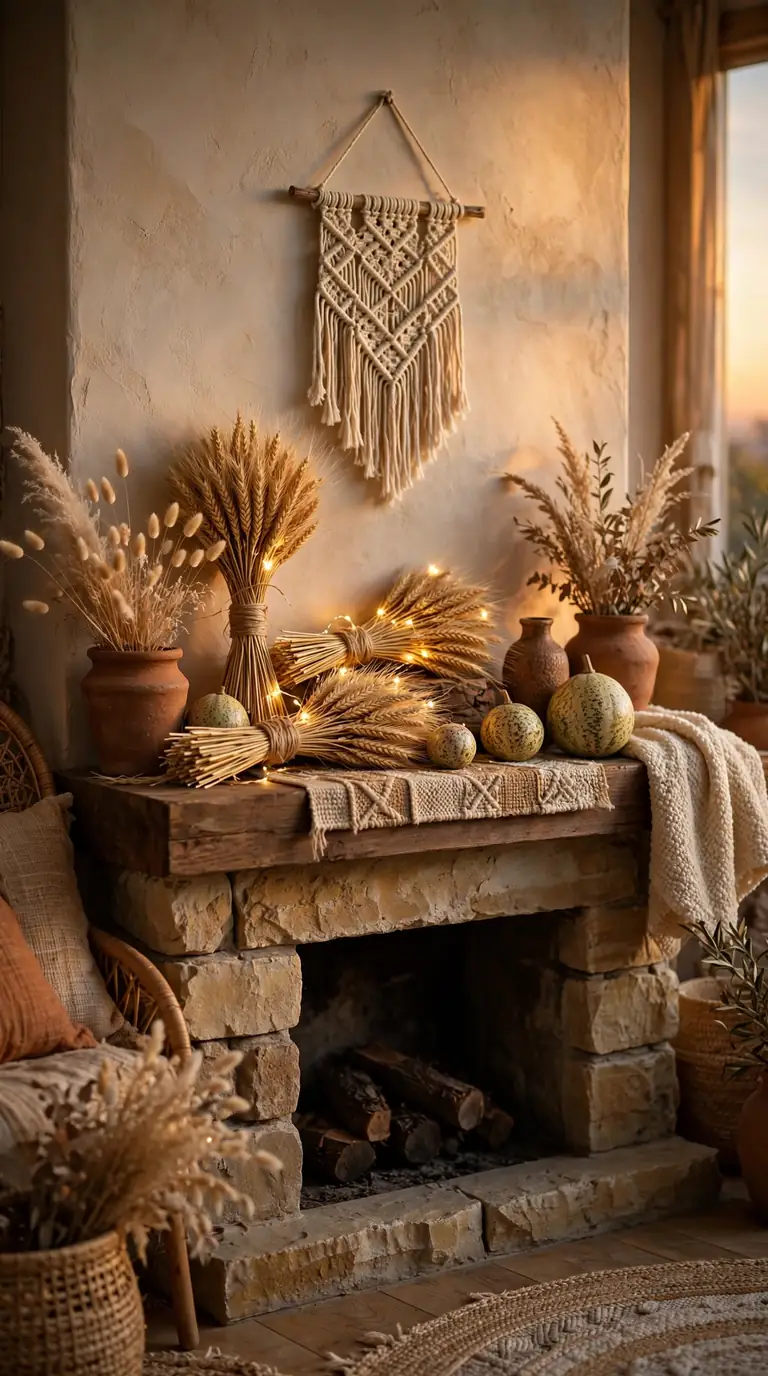 Boho thanksgiving mantel decor with macrame hanging and wheat sheaves