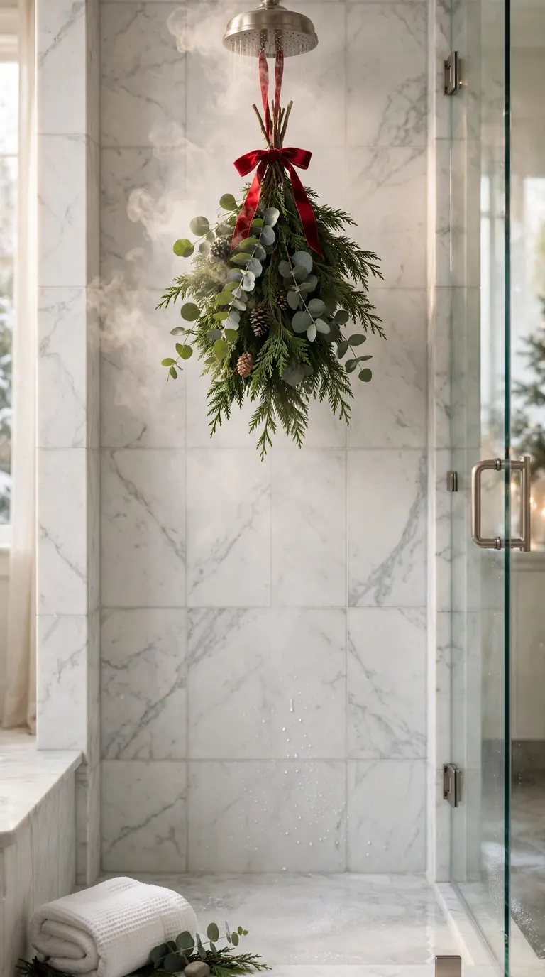 Fresh eucalyptus and cedar bundle tied with red ribbon hanging from a shower head in a steamy marble shower