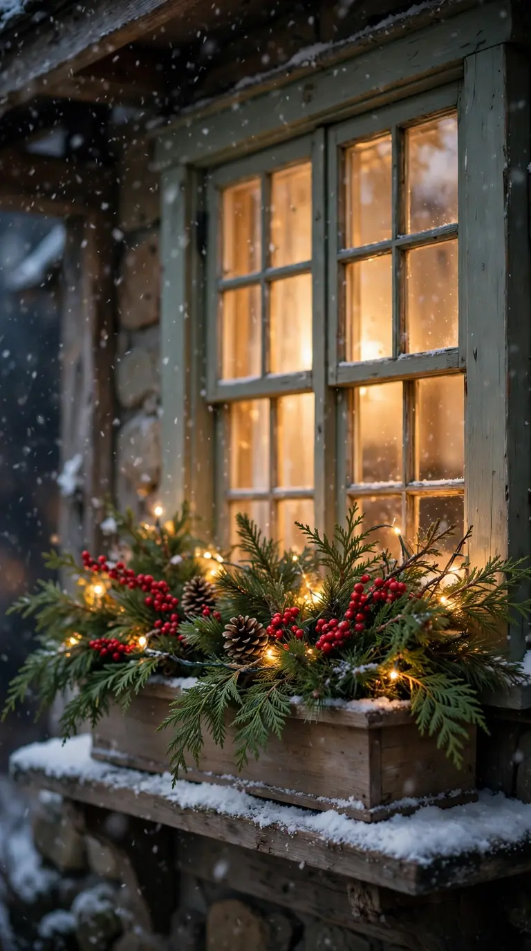 18 Christmas Porch Decor Ideas for a Magical Welcome Christmas window box with cedar branches, red berries, pinecones and fairy lights in falling snow