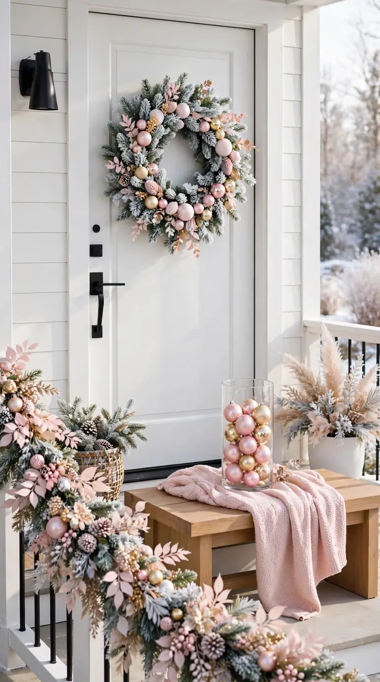 18 Christmas Porch Decor Ideas for a Magical Welcome Elegant front porch decorated for Christmas in blush pink, champagne and white