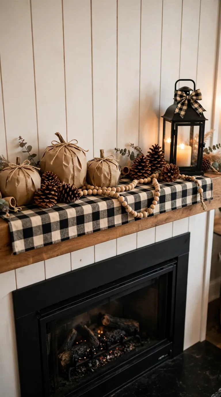 Modern farmhouse thanksgiving mantel decor with buffalo check and pine cones