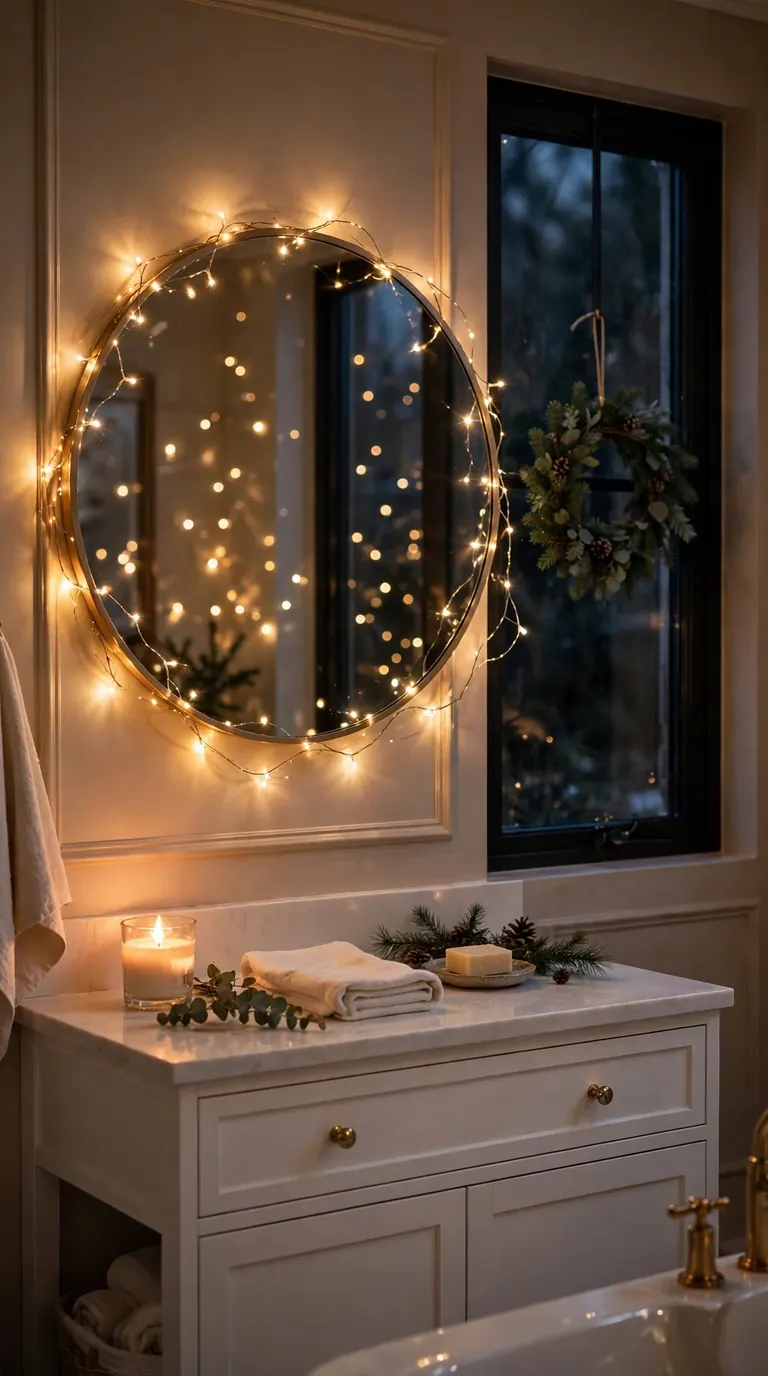 Warm white fairy lights draped around a large round bathroom mirror glowing softly on a Christmas evening