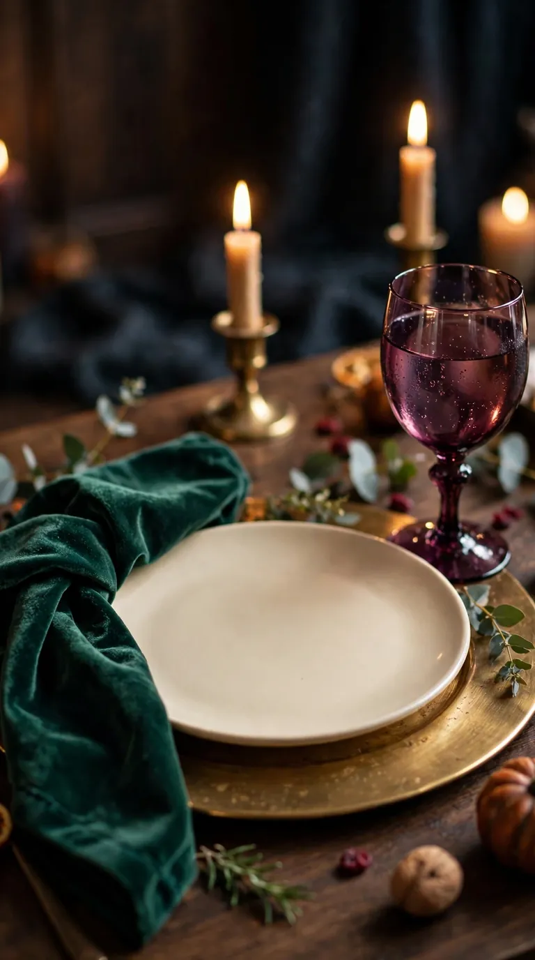 Jewel tone Thanksgiving place setting with emerald velvet napkin and brass charger