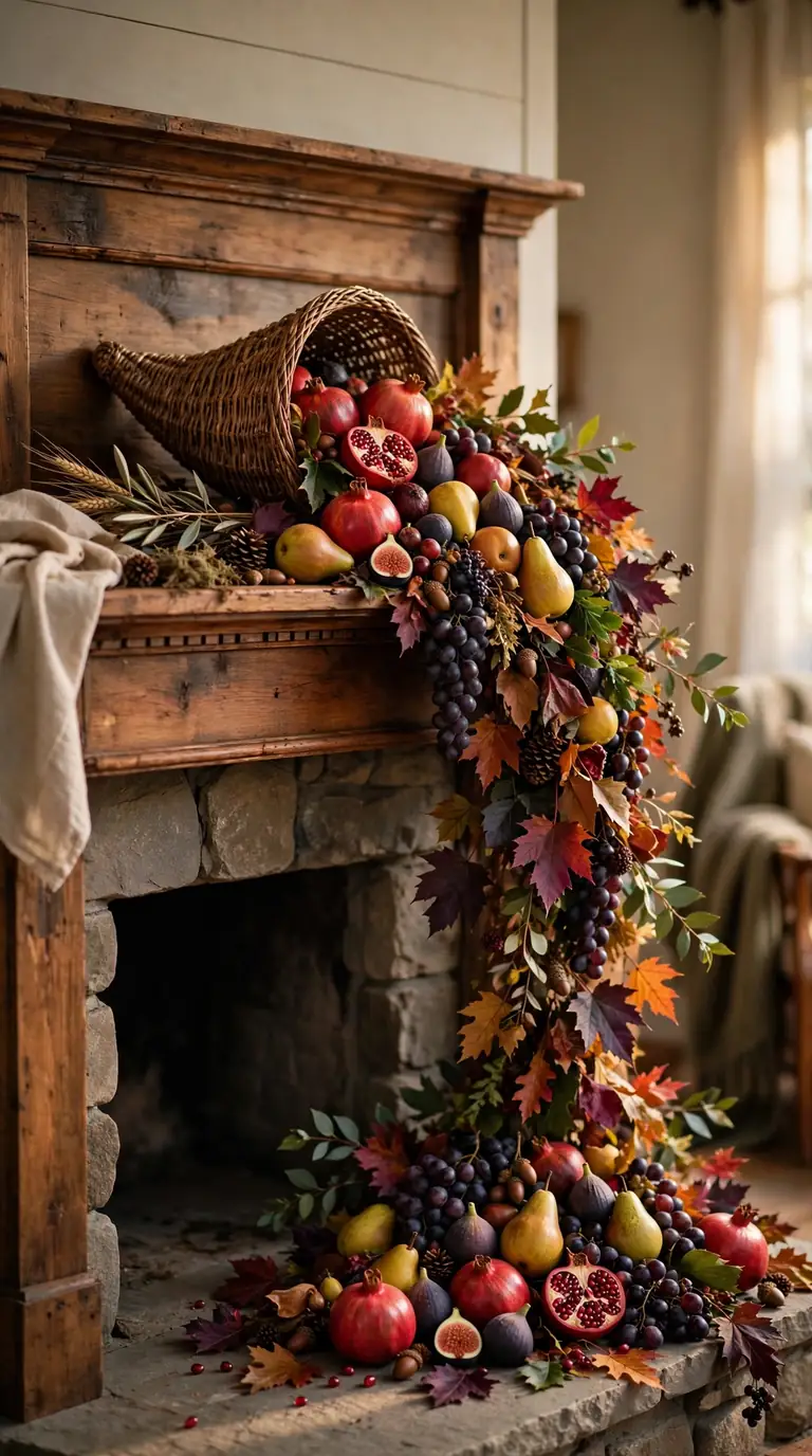 Thanksgiving mantel decor with cornucopia spilling fruit and foliage