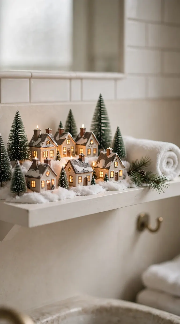 Miniature lit Christmas village houses with bottle brush trees and faux snow on a white bathroom floating shelf