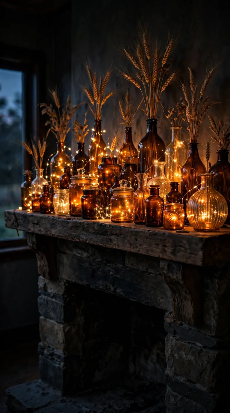 Amber glass thanksgiving mantel decor glowing with fairy lights