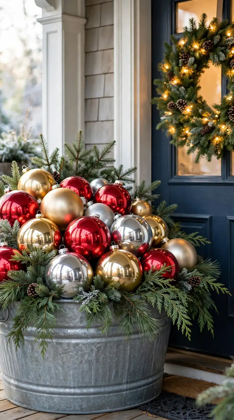 18 Christmas Porch Decor Ideas for a Magical Welcome Galvanised tub overflowing with oversized red, gold and silver Christmas ornaments on a porch