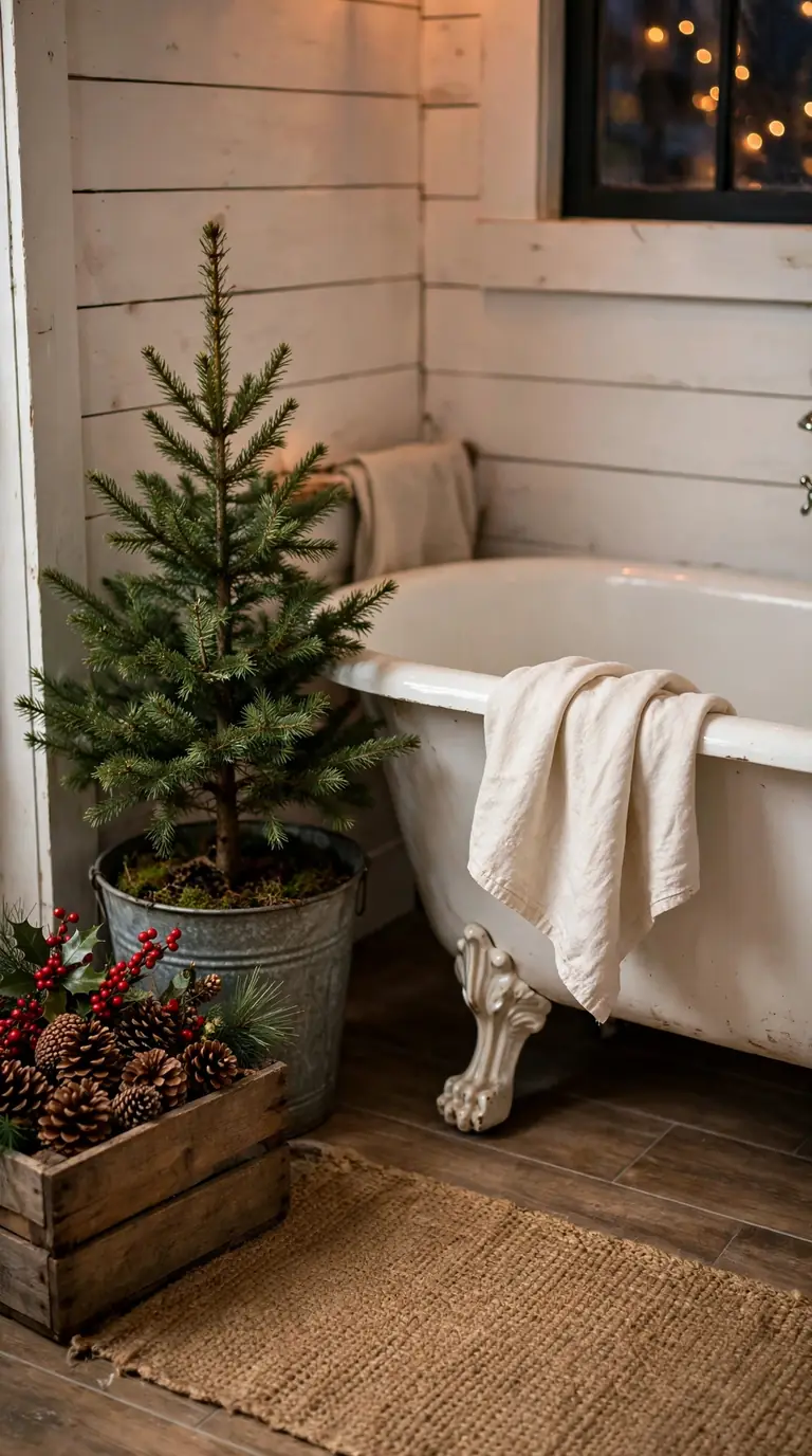 Rustic farmhouse bathroom corner with a galvanized bucket pine tree, wooden crate of pinecones and burlap runner