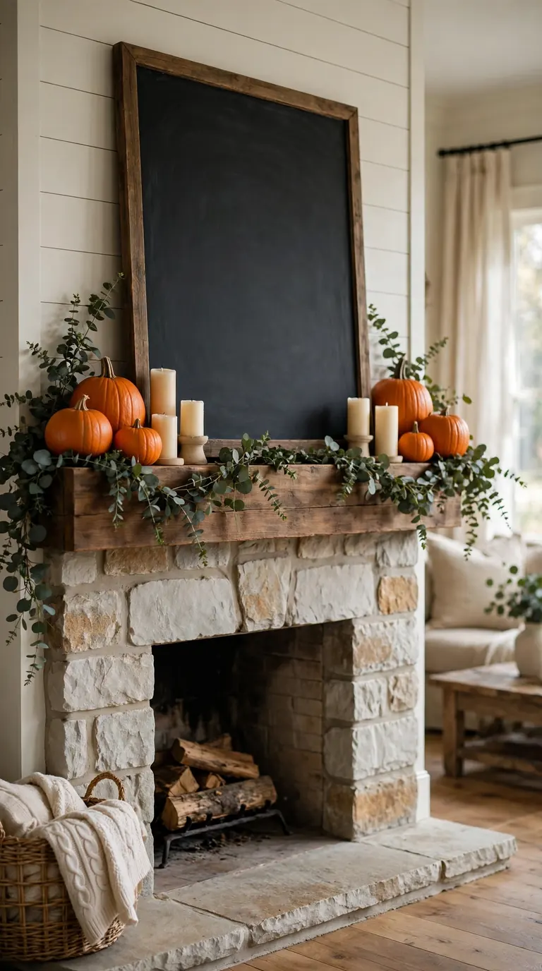 Hand lettered chalkboard centrepiece on thanksgiving mantel