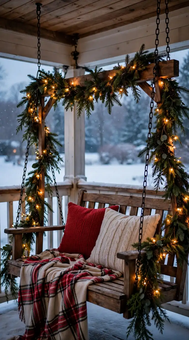 18 Christmas Porch Decor Ideas for a Magical Welcome Wooden porch swing wrapped in Christmas garland with fairy lights and plaid pillows