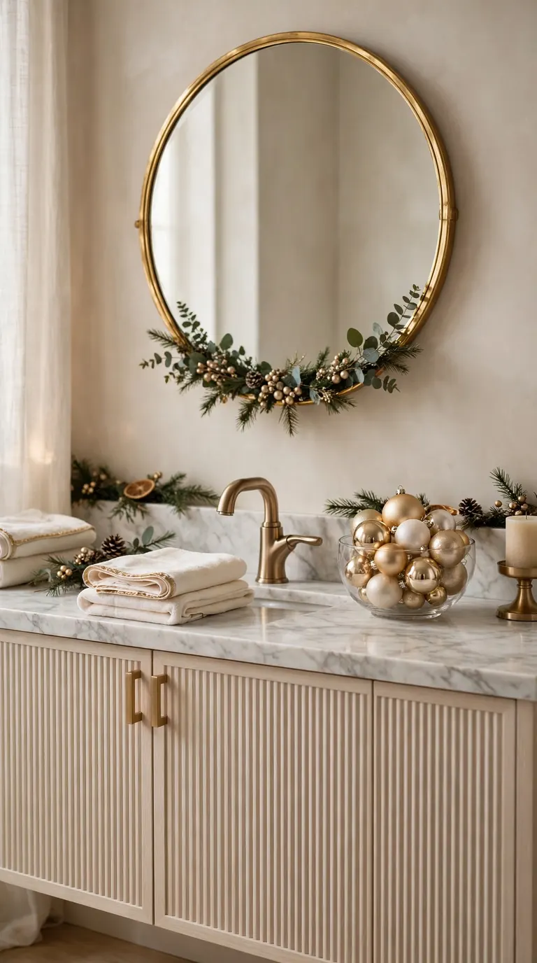 Elegant bathroom with gold framed mirror, marble vanity, glass bowl of champagne baubles and brass faucet at Christmas