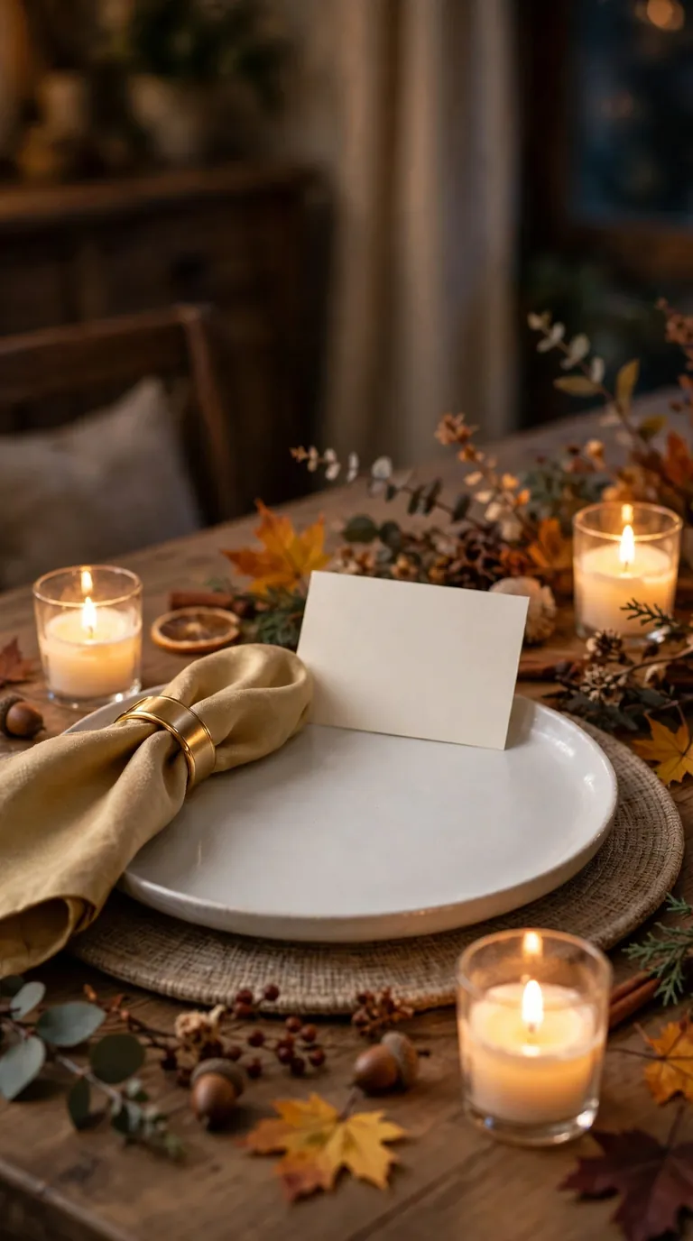 Candlelit Thanksgiving place setting with gratitude card and votive candles
