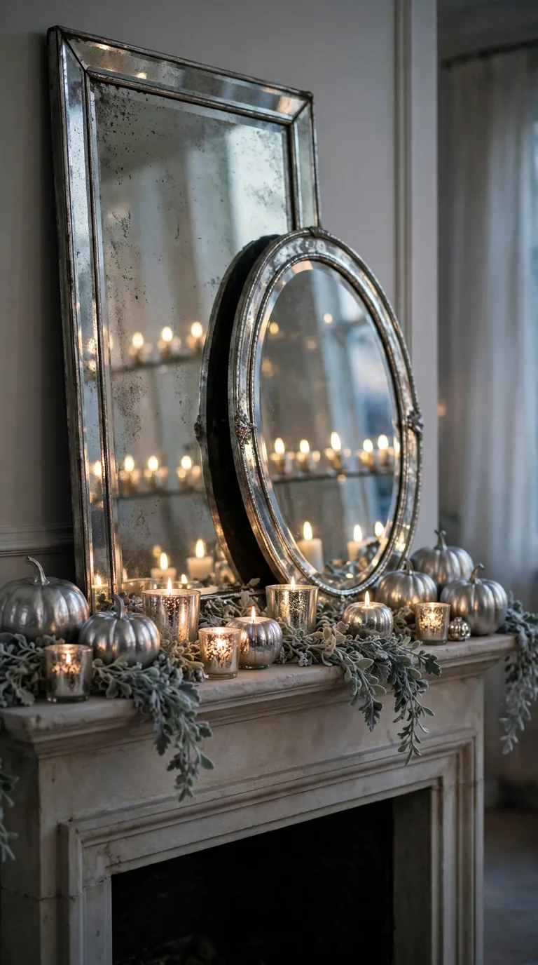 Thanksgiving mantel decor with layered mirrors and mercury glass