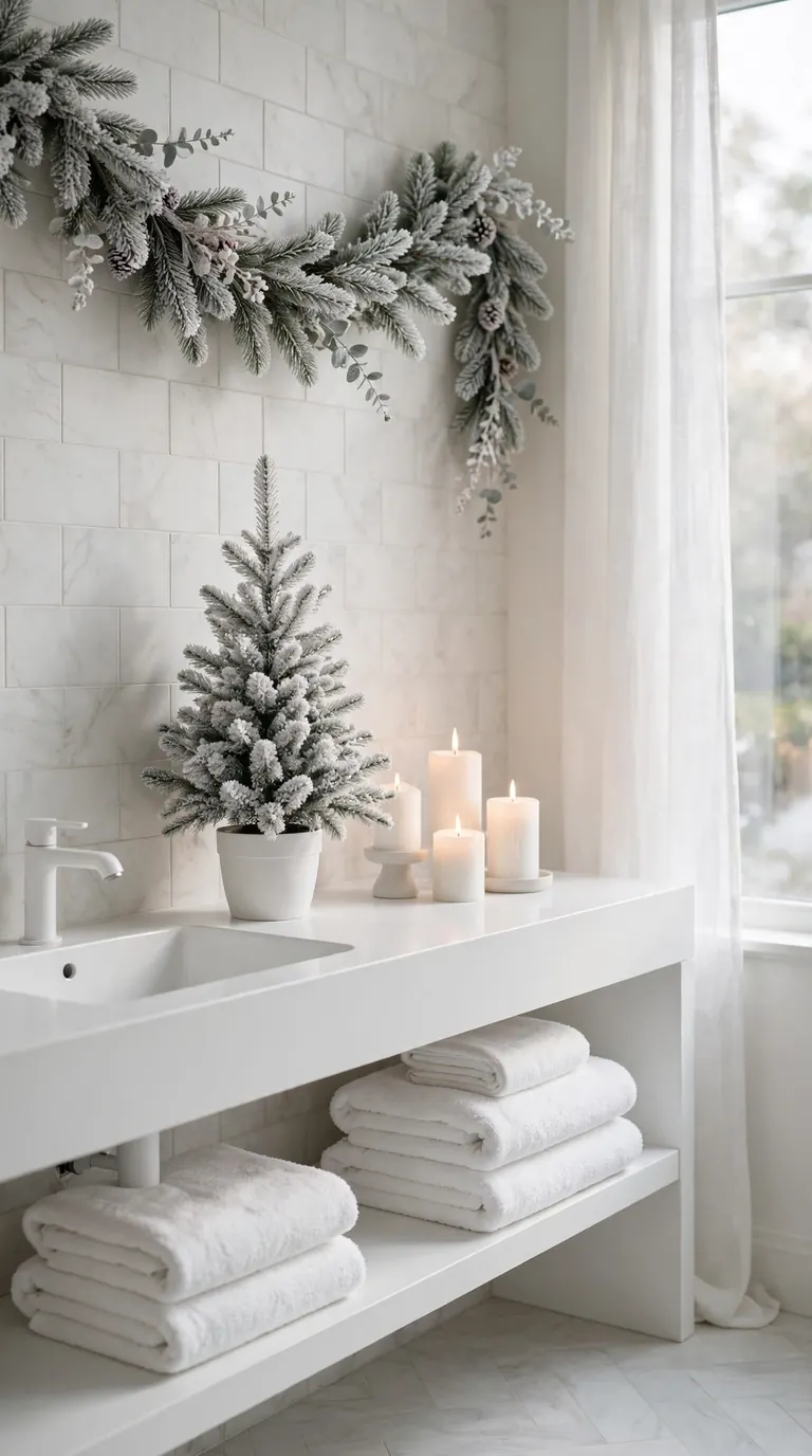 Minimalist all white bathroom with a frosted mini Christmas tree, white candles and pine garland in soft daylight