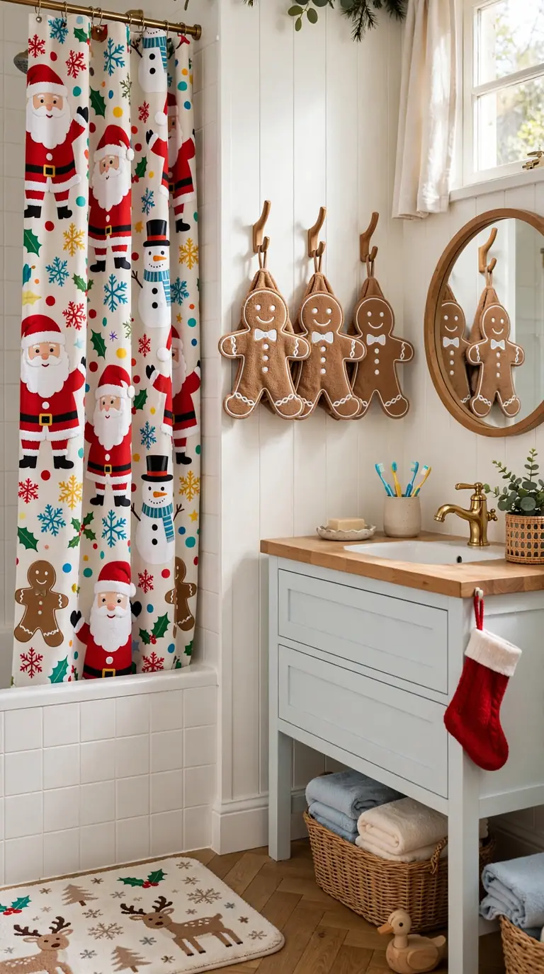 Cheerful kids bathroom with gingerbread hand towels, reindeer bath mat and a playful Santa shower curtain at Christmas