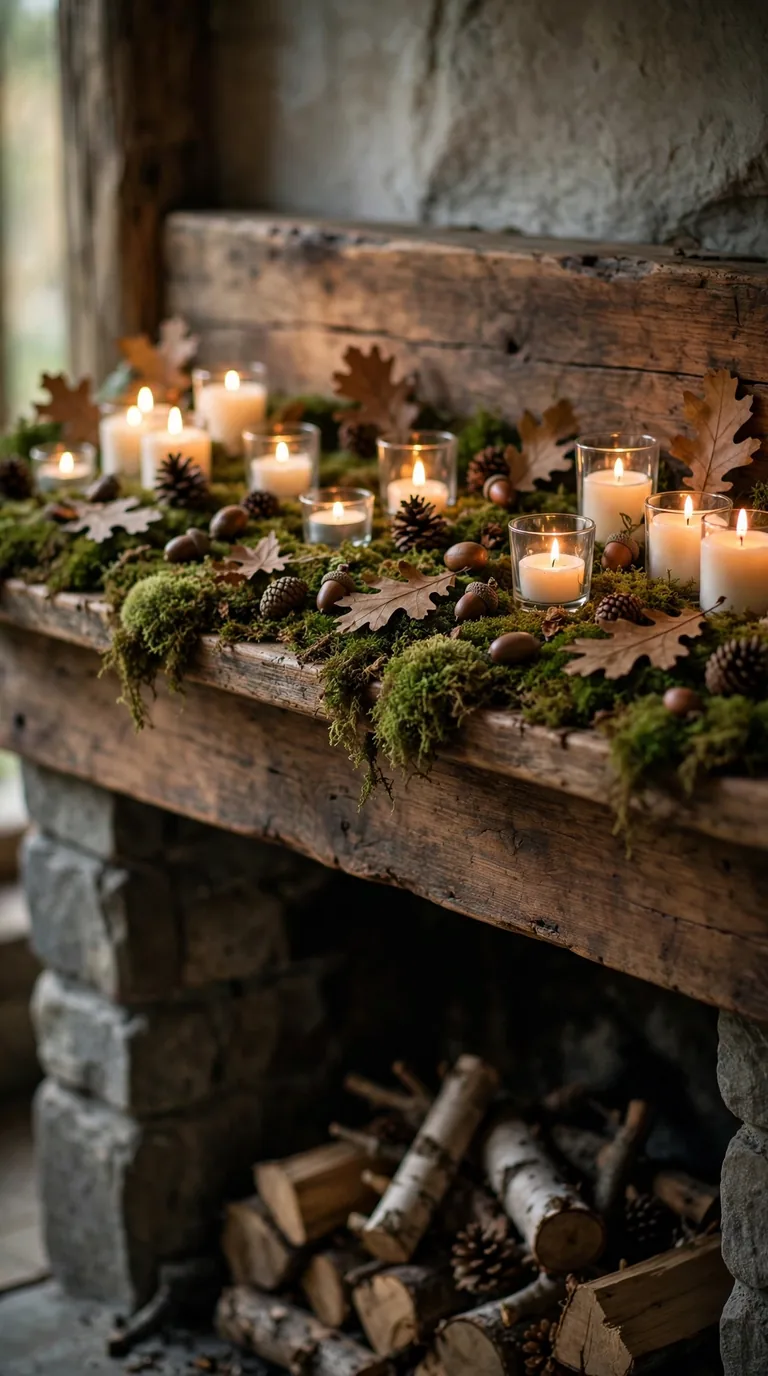 Thanksgiving mantel decor with moss runner acorns and oak leaves