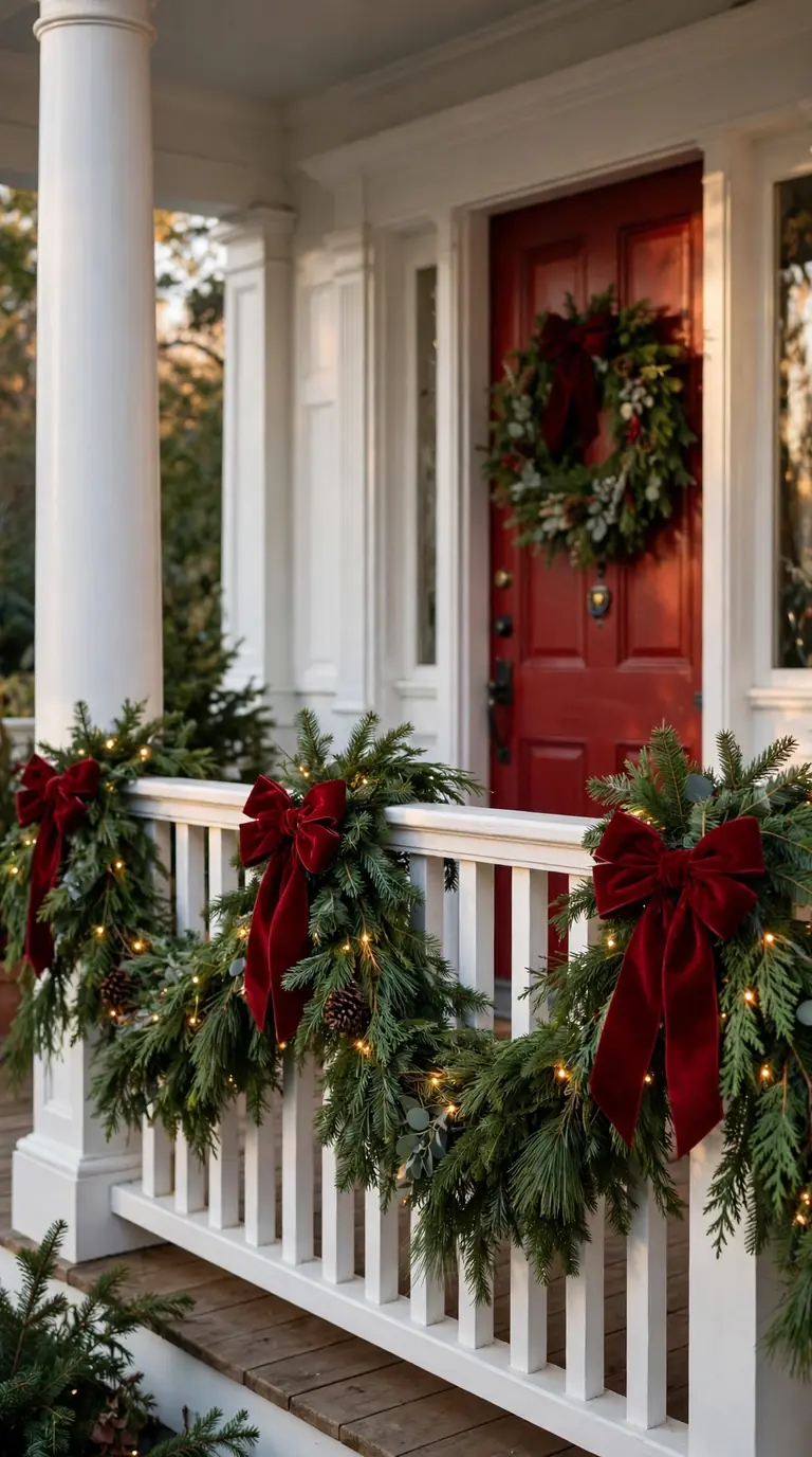 18 Christmas Porch Decor Ideas for a Magical Welcome Porch railing swagged with evergreen garland, red velvet bows and fairy lights