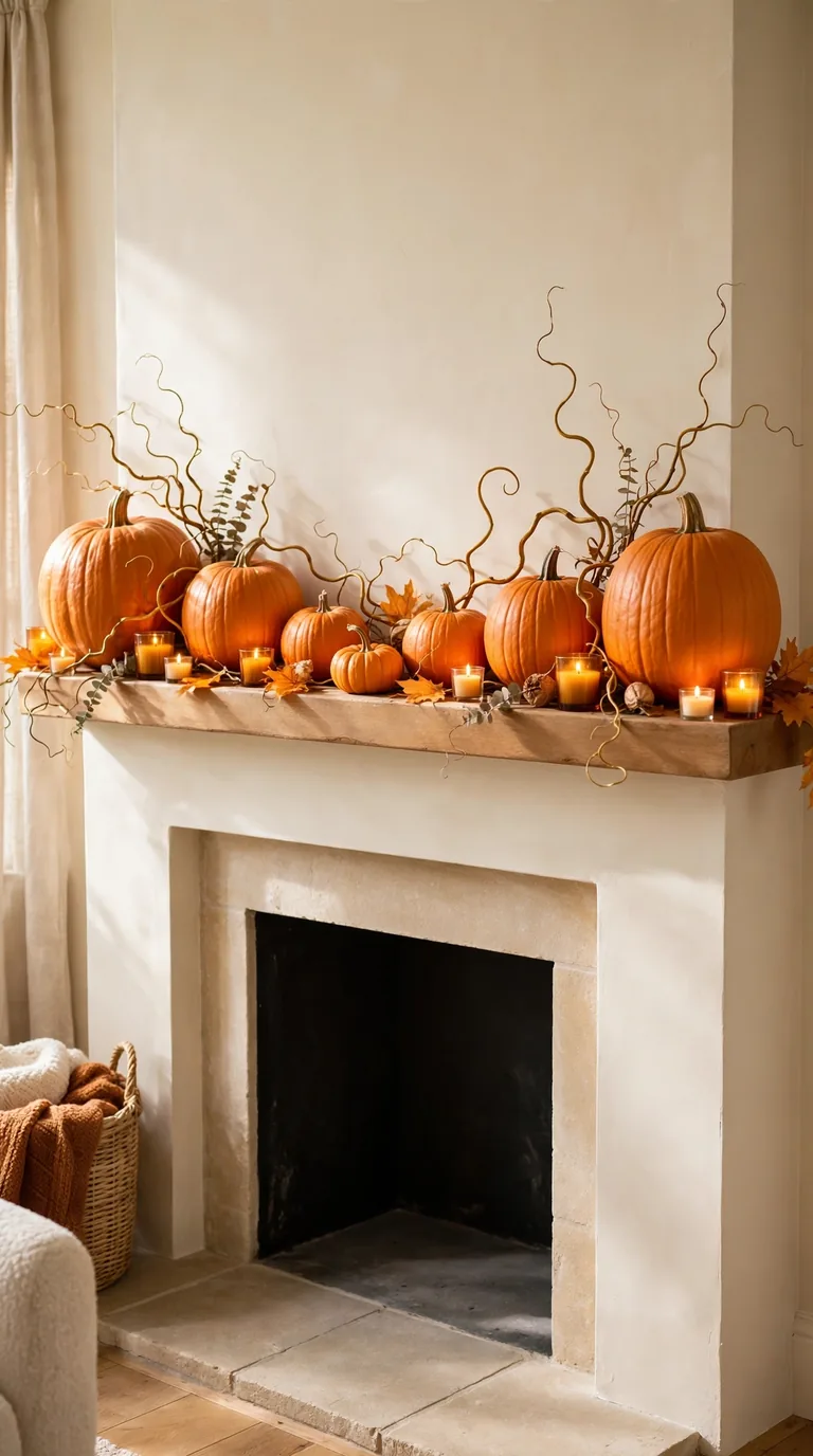 Graduated orange pumpkins arranged in steps on thanksgiving mantel