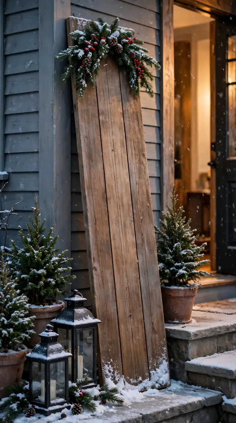 18 Christmas Porch Decor Ideas for a Magical Welcome Tall wooden Christmas welcome sign with evergreen swag leaning beside porch steps