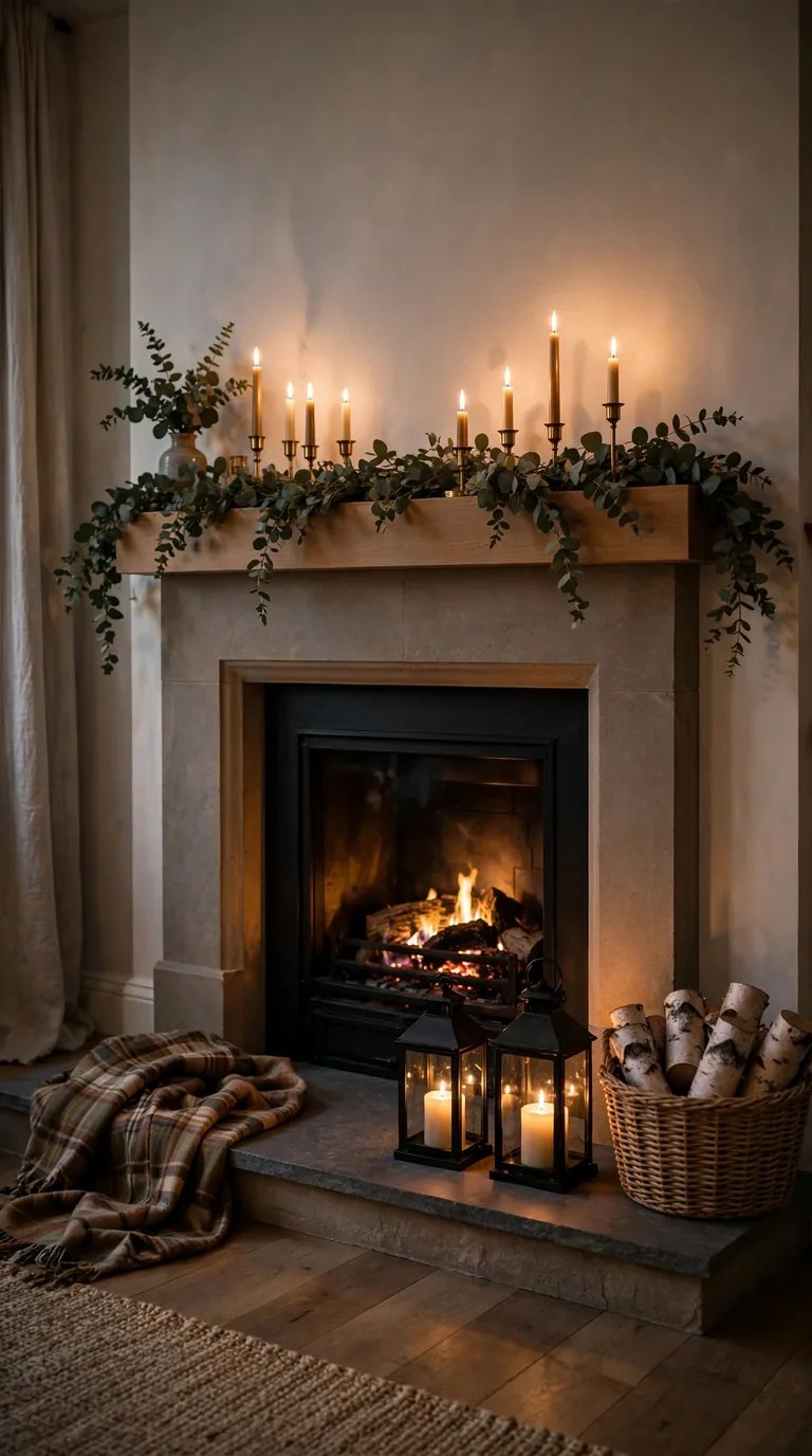 Thanksgiving fireplace decor with lanterns and plaid throws at the hearth