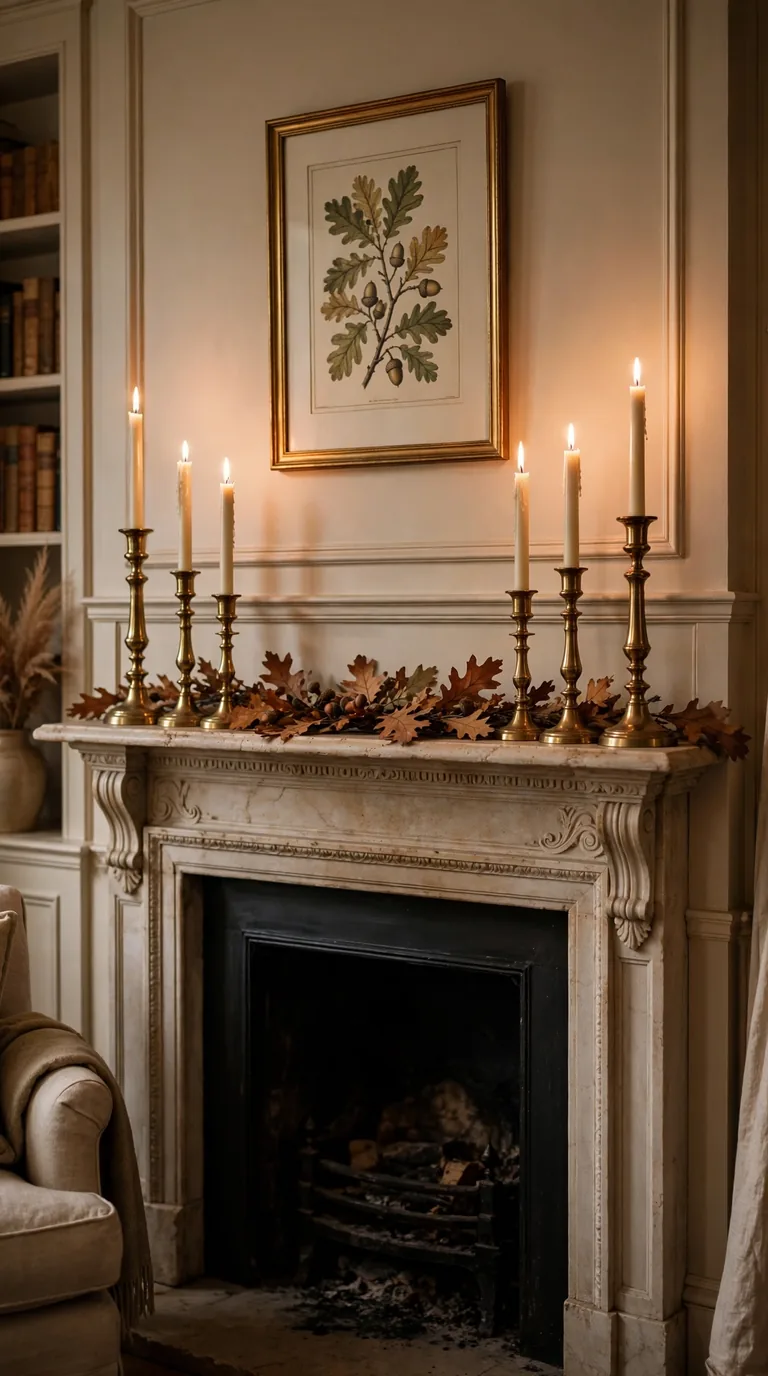 Vintage brass taper candles arranged symmetrically on a Thanksgiving mantel