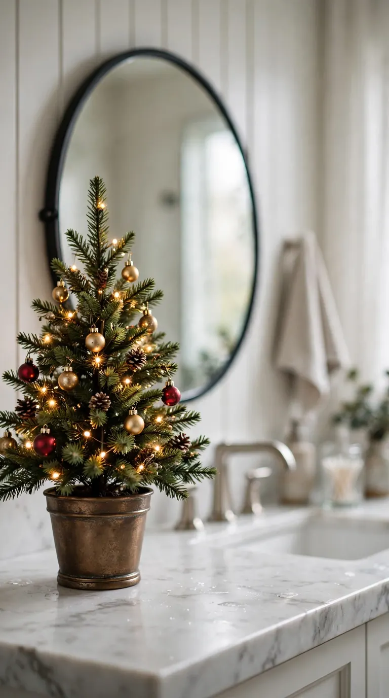 Small decorated Christmas tree with tiny ornaments and warm lights on a white marble bathroom vanity beside a round mirror