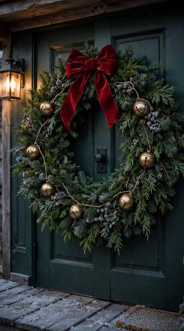 18 Christmas Porch Decor Ideas for a Magical Welcome Oversized Christmas wreath with brass jingle bells and a red velvet bow on a green front door