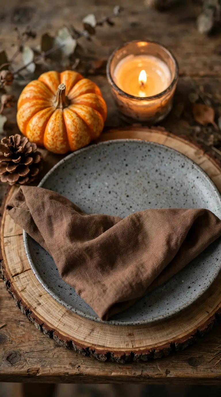 Rustic Thanksgiving place setting with wood charger, stoneware plate and mini pumpkin