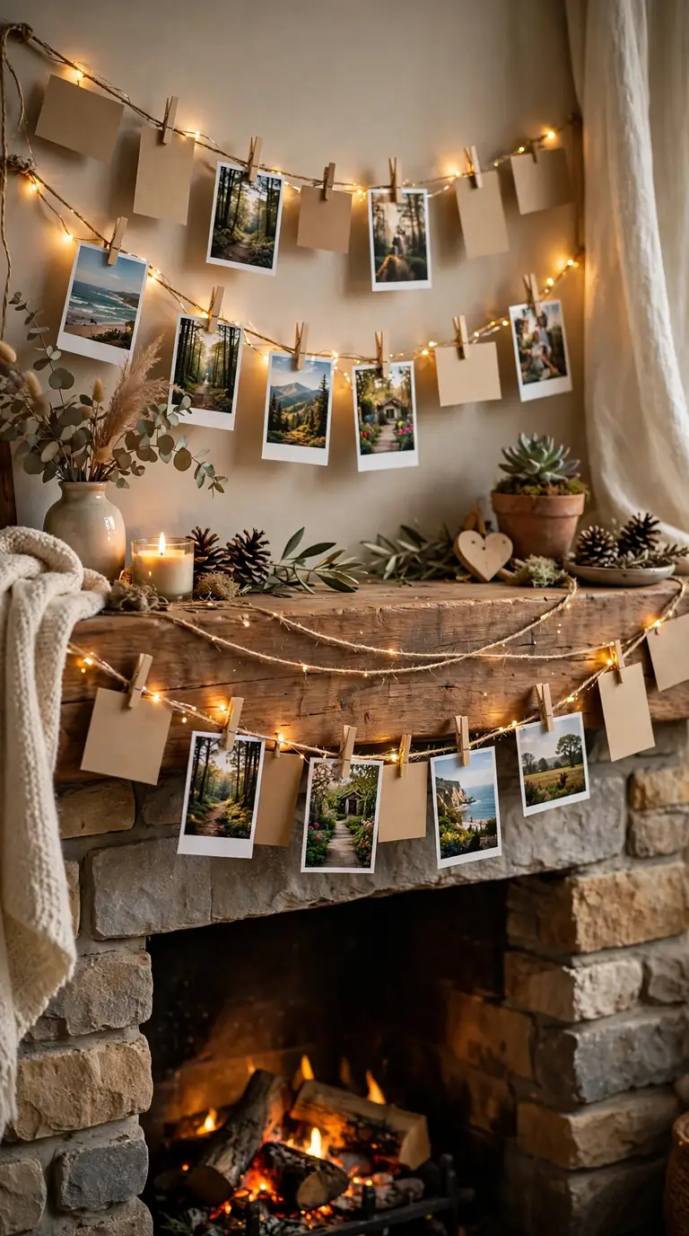 Thanksgiving mantel decor with gratitude photo garland and fairy lights
