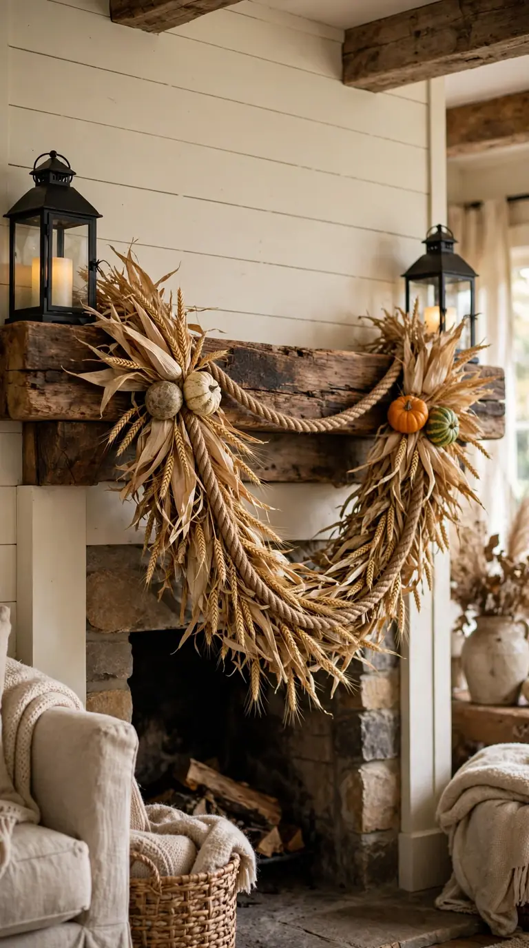 Rustic corn husk and wheat swag on a farmhouse Thanksgiving mantel