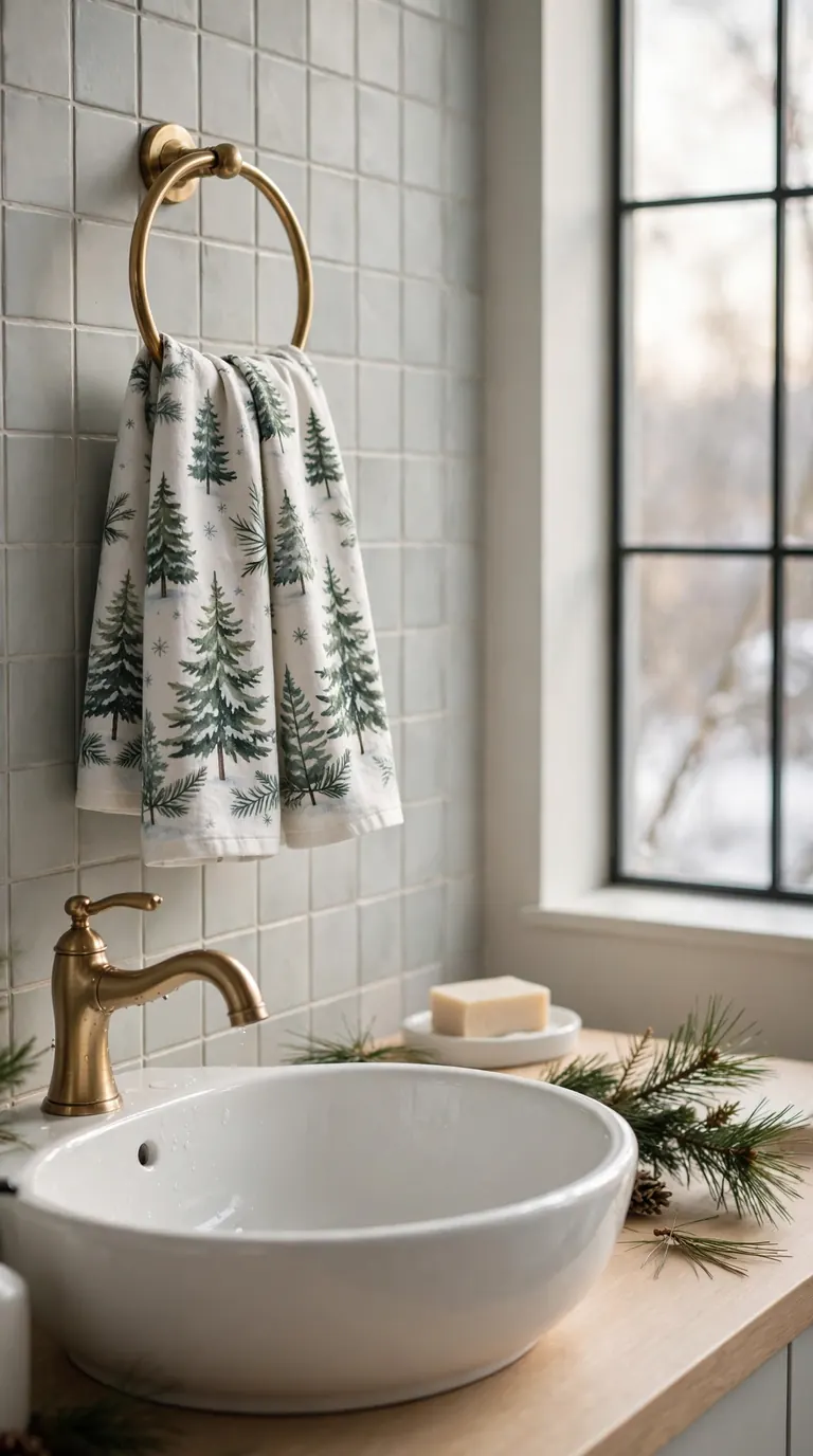 Festive hand towels with a wintry pine tree print hanging on a brass towel ring beside a white bathroom vessel sink