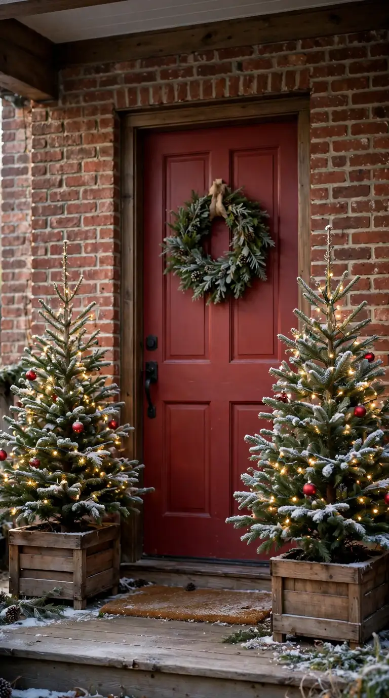18 Christmas Porch Decor Ideas for a Magical Welcome Two mini Christmas trees in wooden crate planters with lights flanking a front door