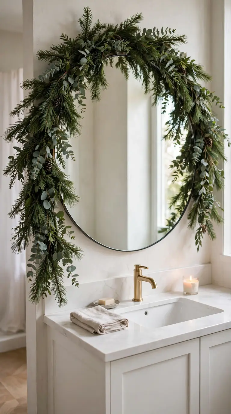 Bathroom mirror framed with fresh pine and eucalyptus Christmas garland above a white vanity with a small candle