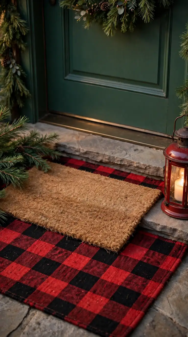 18 Christmas Porch Decor Ideas for a Magical Welcome Layered Christmas doormat with buffalo plaid rug under a coir mat on a porch doorstep