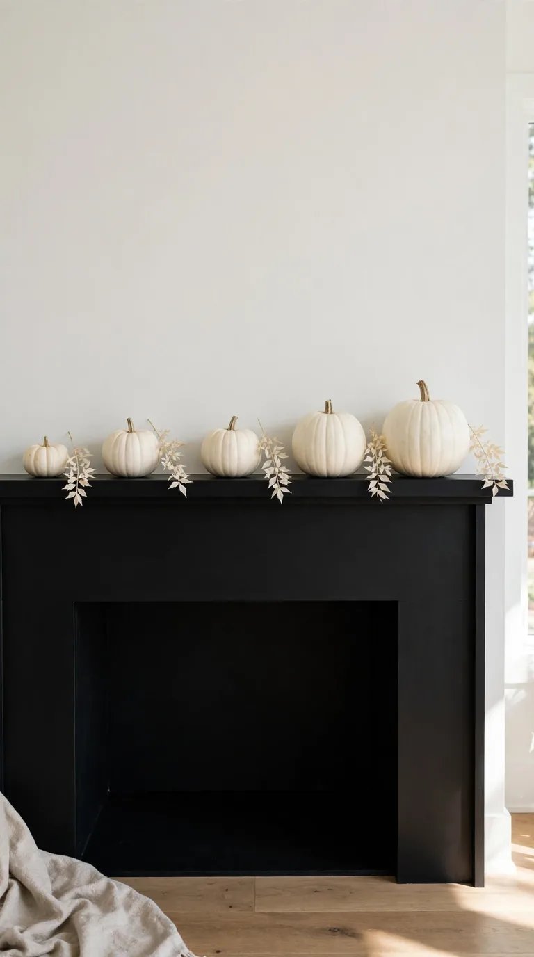 Minimalist white pumpkin thanksgiving mantel decor with single sprigs
