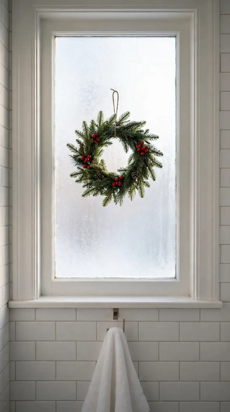 Small fresh evergreen Christmas wreath with red berries hanging on a frosted bathroom window in soft winter light