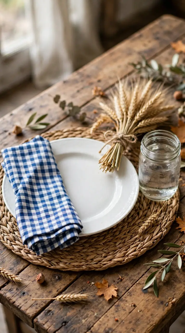 Farmhouse Thanksgiving place setting with gingham napkin, white plate and wheat bundle
