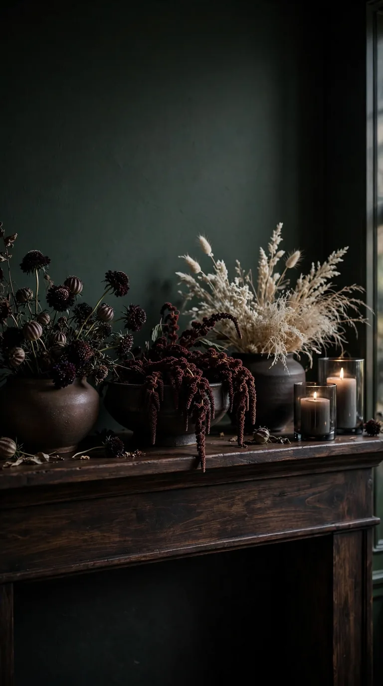 Moody thanksgiving mantel decor with dried botanicals in deep tones