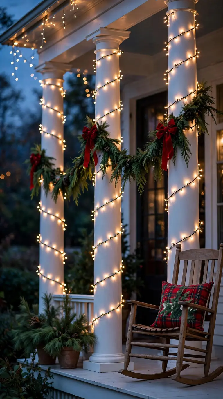 18 Christmas Porch Decor Ideas for a Magical Welcome Front porch columns wrapped in warm-white Christmas string lights with garland swags