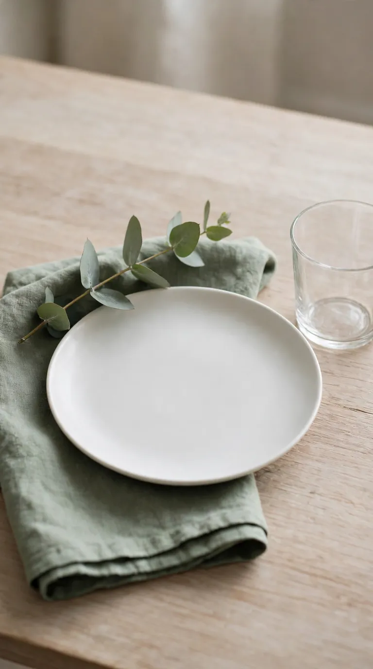 Minimal white and green Thanksgiving place setting with eucalyptus sprig