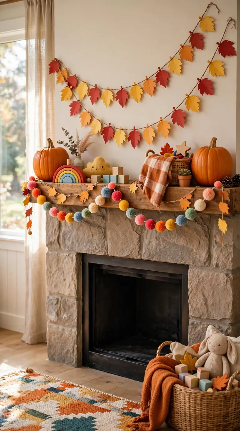 Kid friendly paper leaf banner on a Thanksgiving mantel