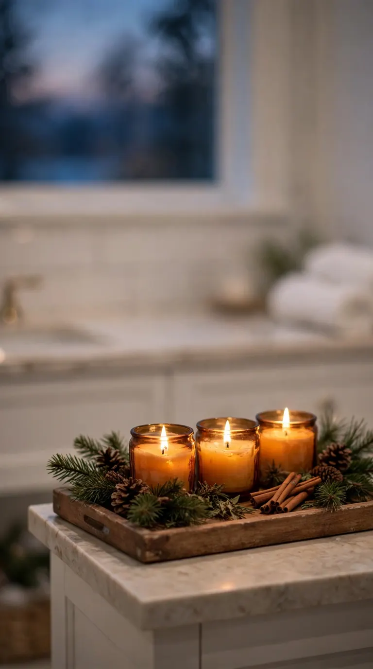 Wooden tray with lit scented candles in amber jars, pine sprigs, cinnamon sticks and pinecones on a bathroom vanity