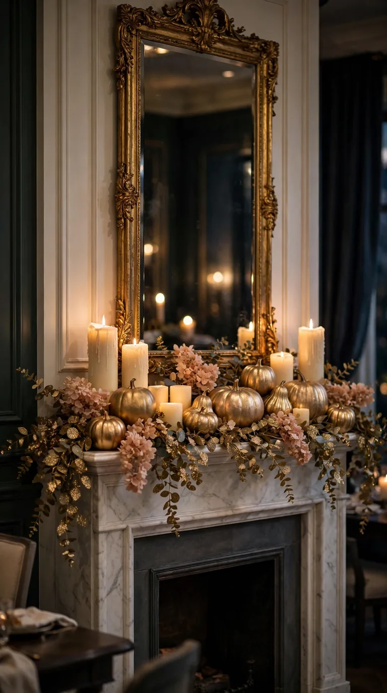 Elegant thanksgiving mantel decor with gilded pumpkins and gold accents