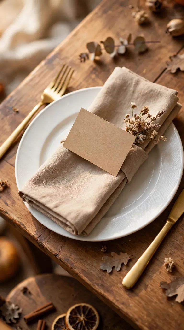 Thanksgiving place setting with kraft name card tucked into a folded napkin