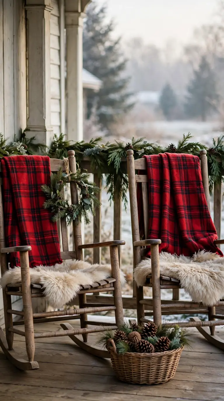 18 Christmas Porch Decor Ideas for a Magical Welcome Farmhouse porch rocking chairs dressed with red plaid blankets and faux fur for Christmas