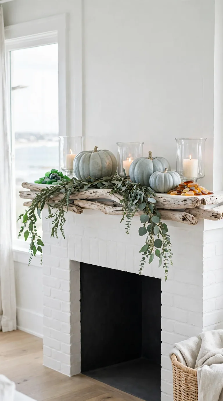 Coastal thanksgiving fireplace decor with driftwood and sea glass