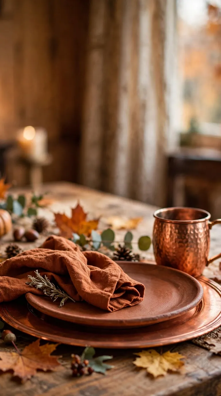 Copper and terracotta Thanksgiving place setting with rust napkin and copper mug